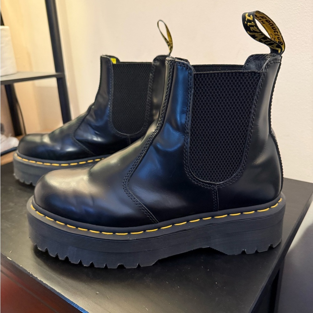 Dr. Martens Black Leather Platform Chelsea Boots with Yellow Stitching